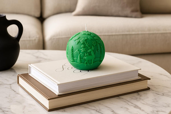 Reindeer Landscape Candle – pine and star relief sculptural soy wax decor