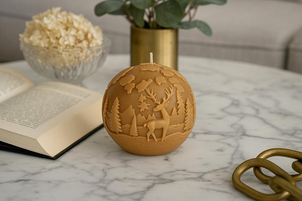 Reindeer Landscape Candle – pine and star relief sculptural soy wax decor