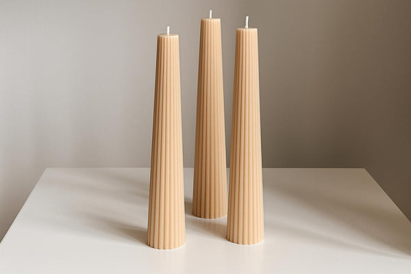 Minimalist Ribbed Pillar Candle – Handmade Soy Wax Sculptural Decor