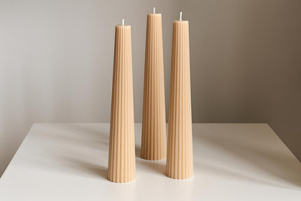 Minimalist Ribbed Pillar Candle – Handmade Soy Wax Sculptural Decor