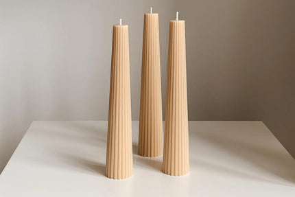 Handmade Ribbed Soy Pillar Candle: Hand-Poured Sculptural Home Decor Soft Colors Candles