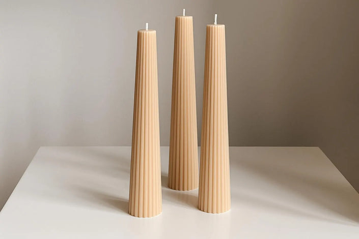 Handmade Ribbed Soy Pillar Candle: Hand-Poured Sculptural Home Decor Soft Colors Candles