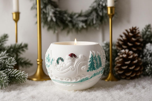 Santa Sleigh Candle – side angle – eco-resin, natural soy wax
