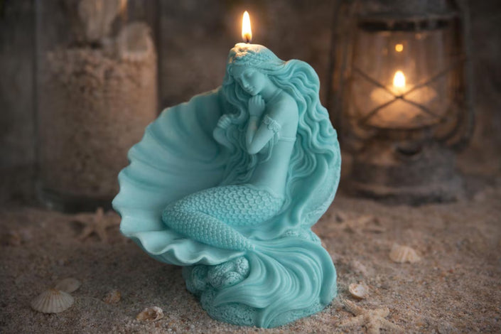 mermaid-shell-candle-handmade-soy-candle-with-sleeping-mermaid-in-seashell-ocean-inspired-decor-fantasy-gift-coastal-shelf-accent - lit candle