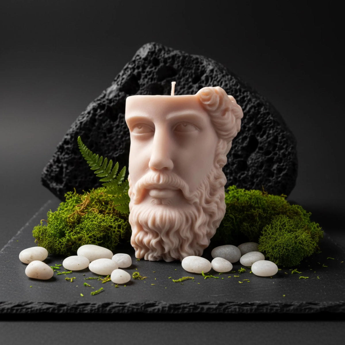 half-head-candle-handmade-soy-wax-sculpture-greek-statue-inspired-decor-artistic-minimal-candle-modern-bust-gift-for-art-design-lovers - lit candle