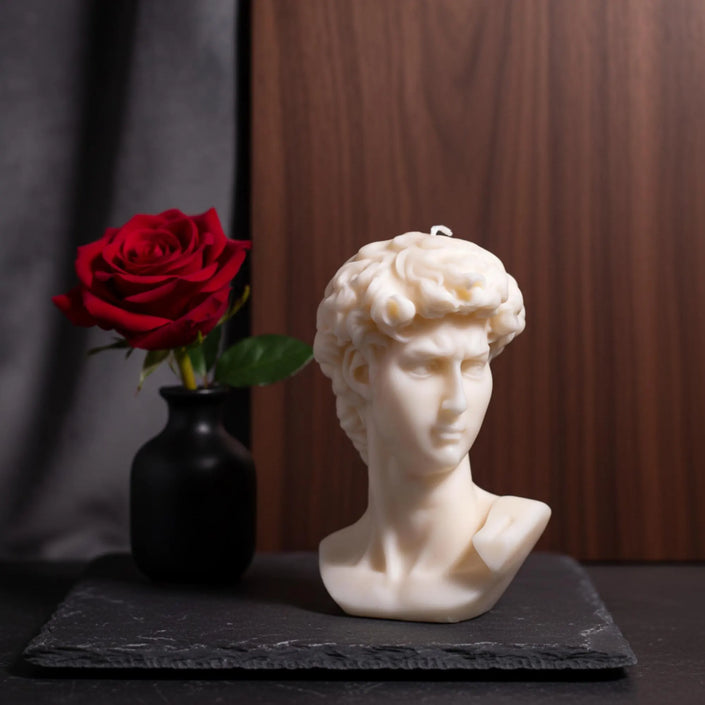 david-head-candle-handmade-soy-candle-sculpture-greek-art-decor-masculine-gift-classical-home-accent-unique-gift-for-him-shaped-candle - lit candle