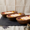 Wood dough bowl candle with dried flowers – 3-wick natural soy wax, front view