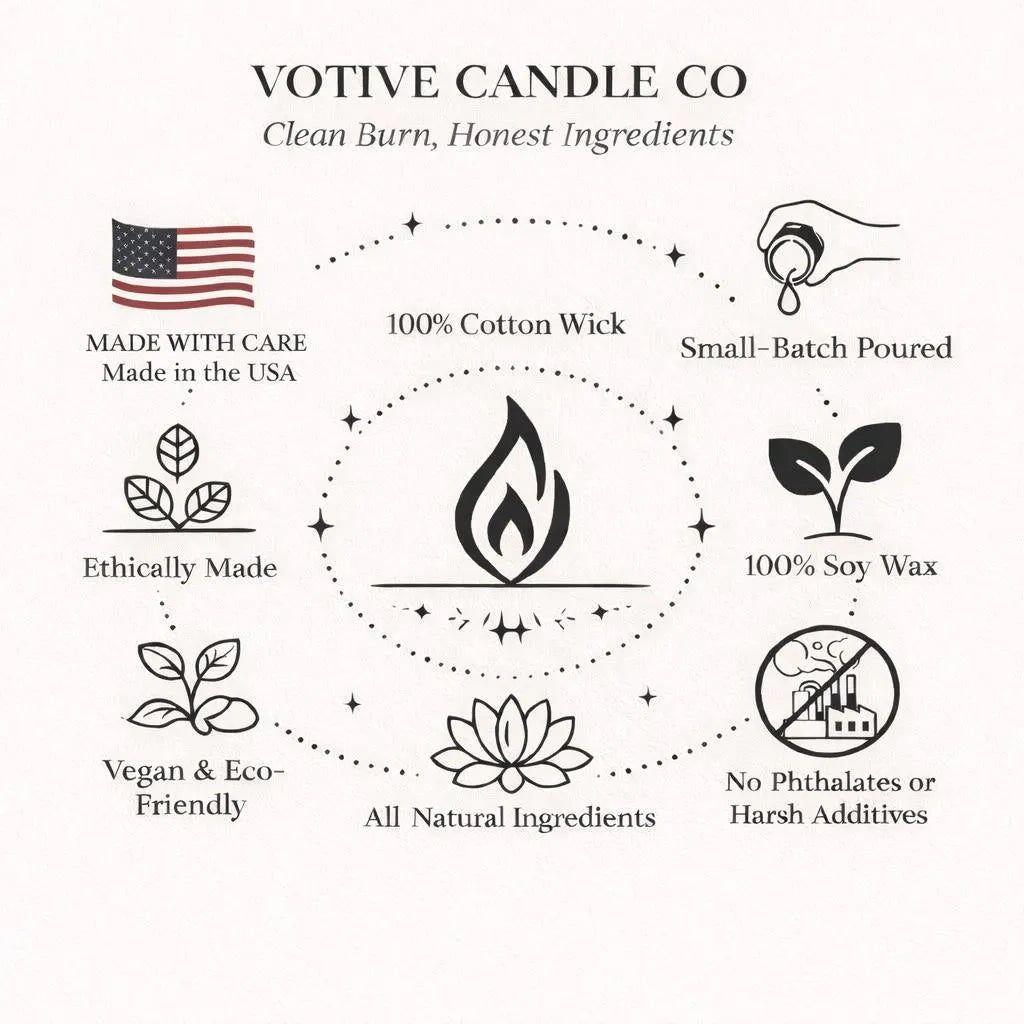 Votive Candle Co branding and product features on a white background