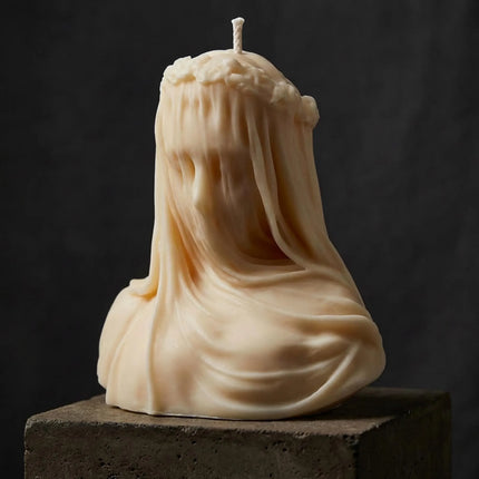 large-veiled-lady-candle-hand-poured-soy-wax-bust-elegant-sculptural-candle-gift-for-her-goddess-home-decor - lit candle