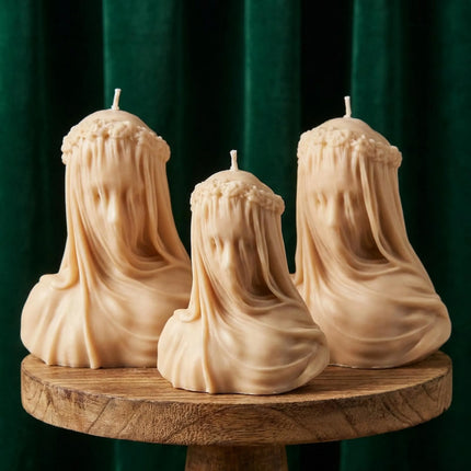 large-veiled-lady-candle-hand-poured-soy-wax-bust-elegant-sculptural-candle-gift-for-her-goddess-home-decor - lit candle