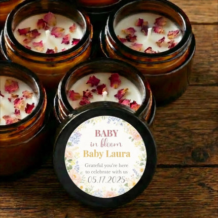 Baby Girl Shower Candle Favors — 1oz Botanical Rose Soy Wax, Custom Label, Spring Baby Shower