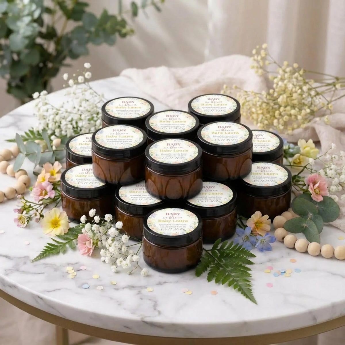 Baby Girl Shower Candle Favors — 1oz Botanical Rose Soy Wax, Custom Label, Spring Baby Shower