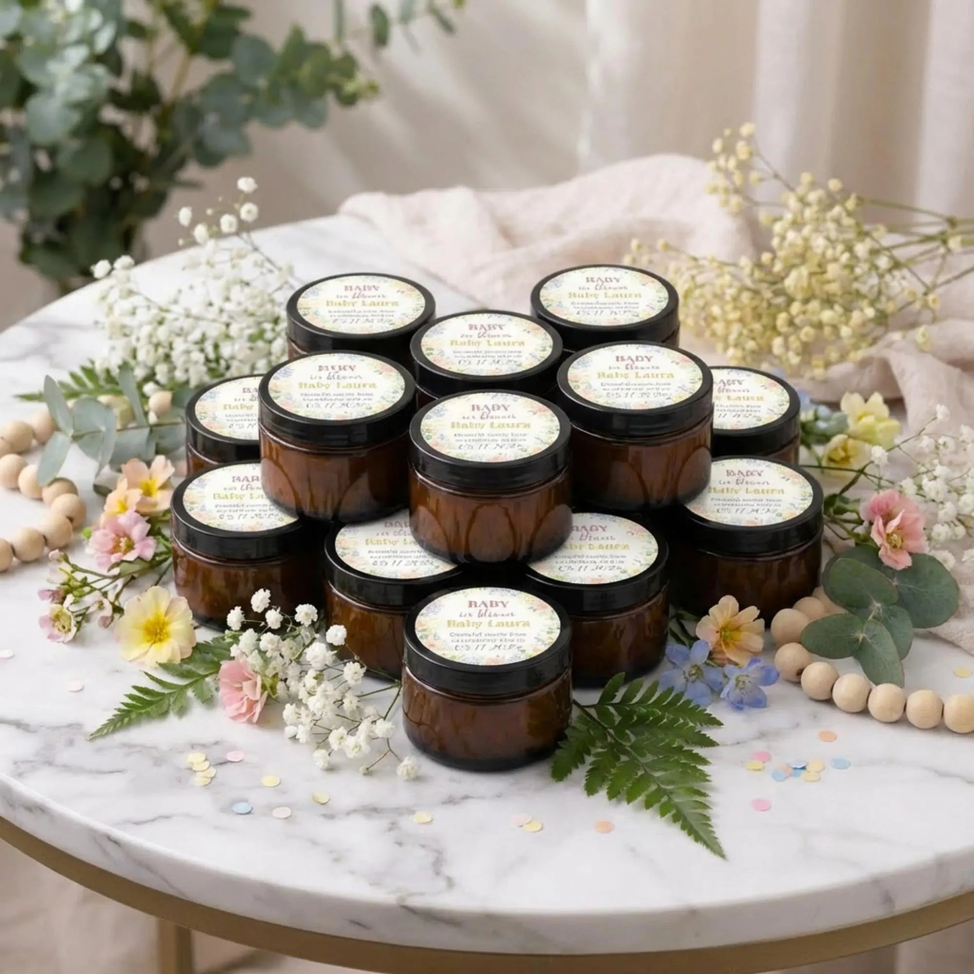 Baby Girl Shower Candle Favors — 1oz Botanical Rose Soy Wax, Custom Label, Spring Baby Shower