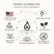 Votive Candle Co branding with icons and text about product features on a white background