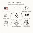 Votive Candle Co branding with icons and text about product features on a white background