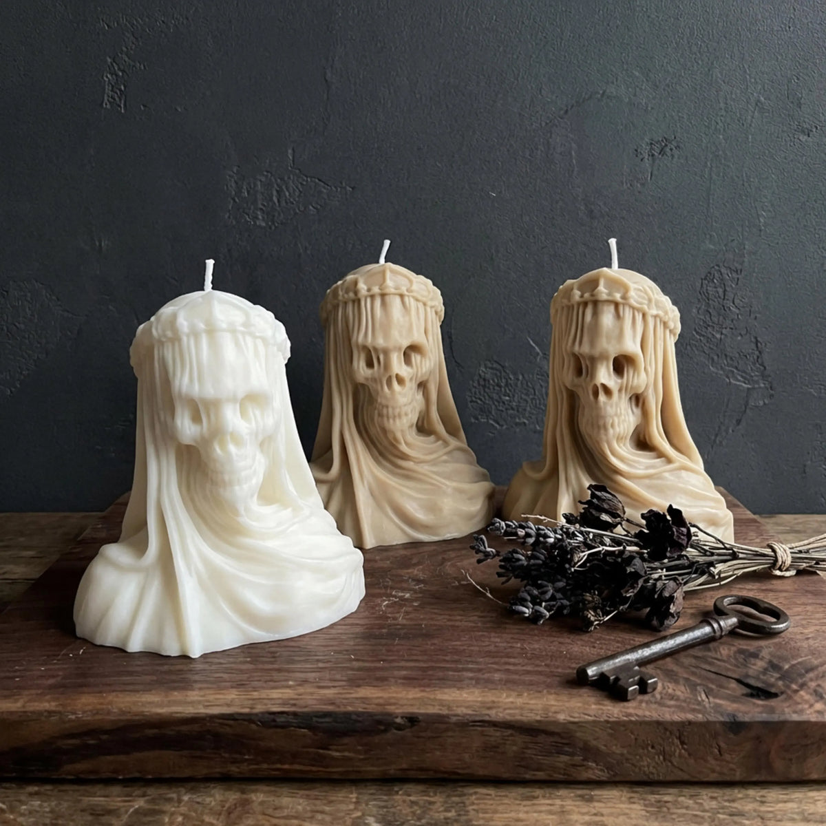 Large Veiled Death Candle soy wax candle — lit candle