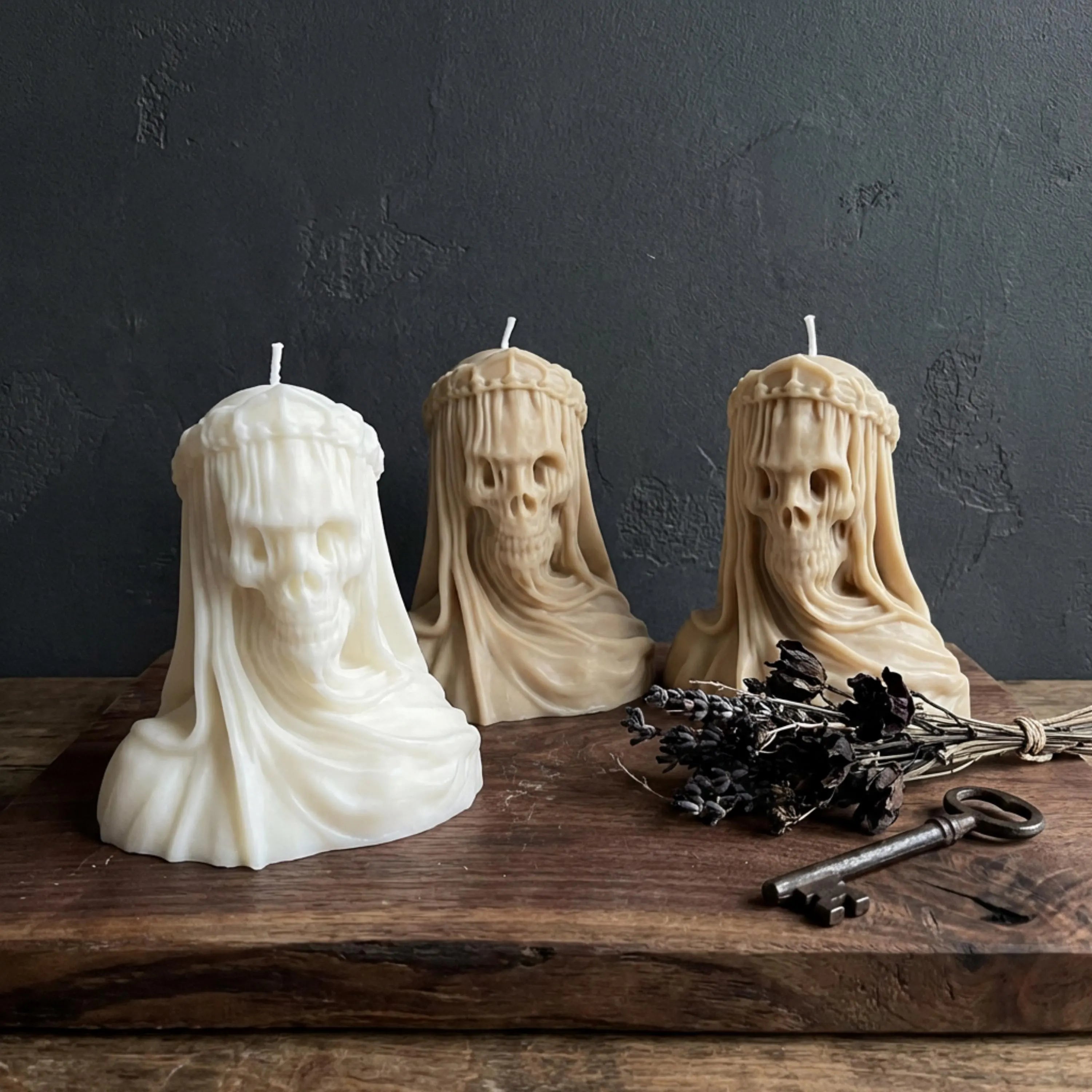 Large Veiled Death Candle soy wax candle — lit candle