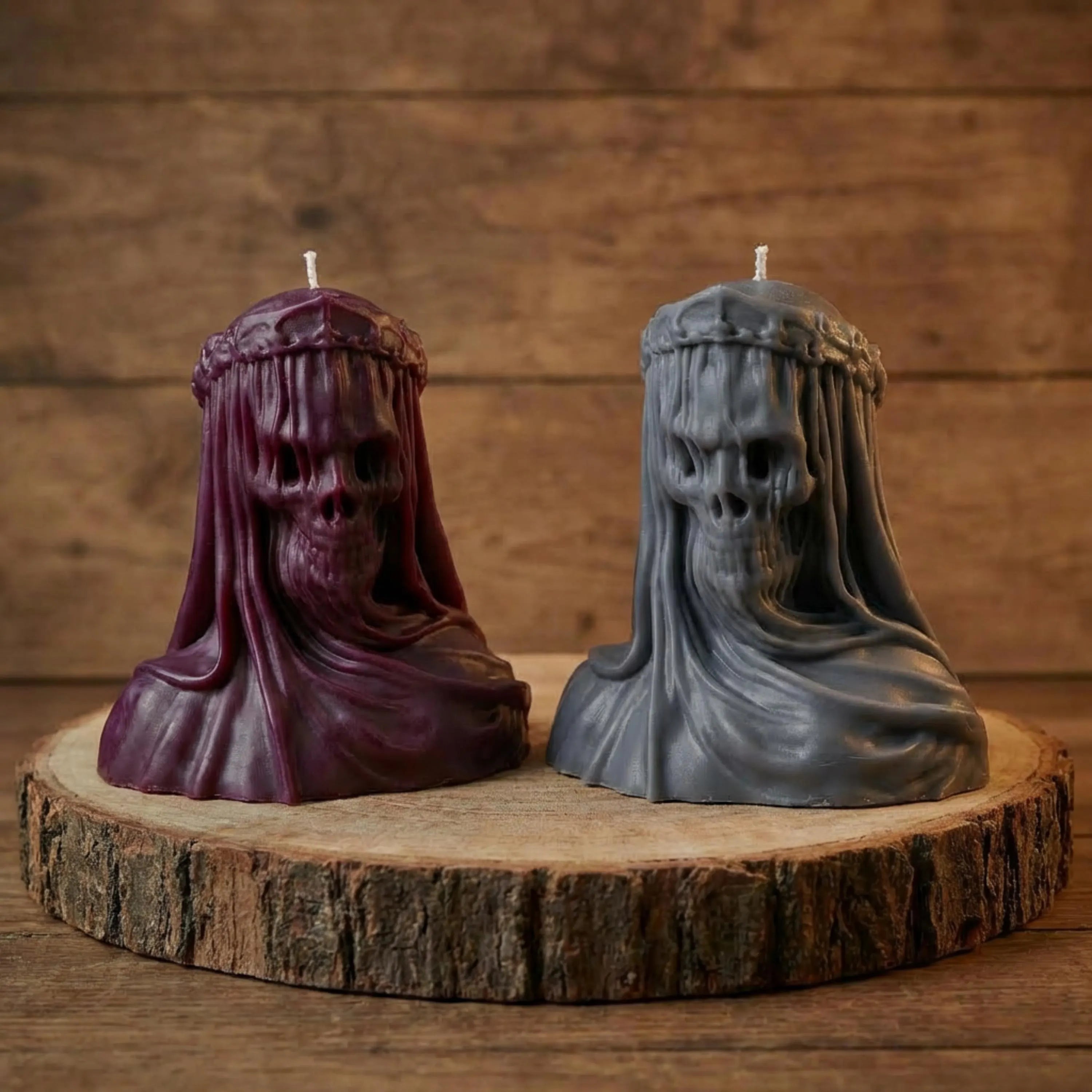 Large Veiled Death Candle soy wax candle — side view