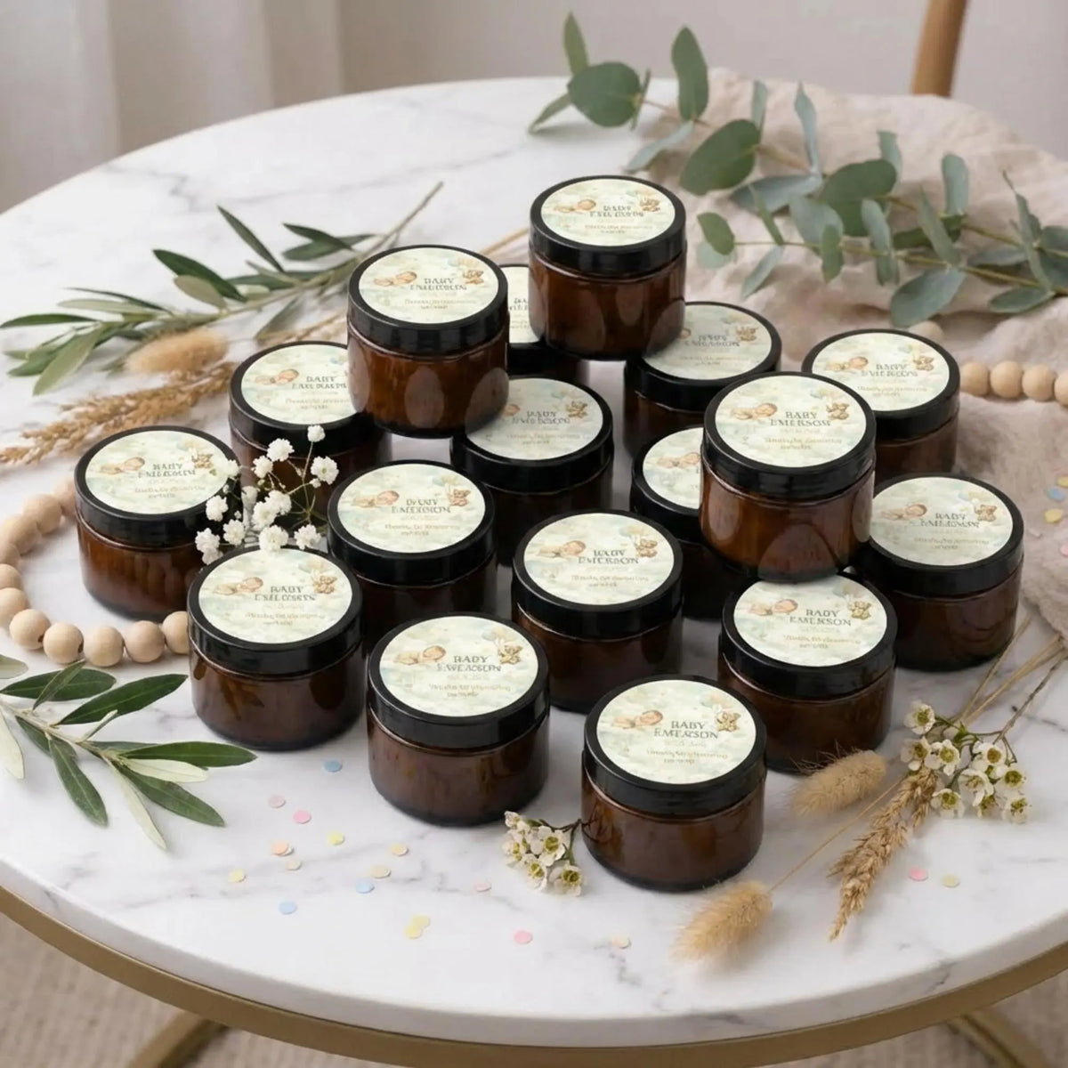 Baby Girl Shower Candle Favors — 1oz Botanical Rose Soy Wax, Custom Label, Spring Baby Shower