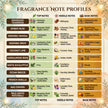 Chart detailing fragrance note profiles with top, middle, and base notes for various scents.