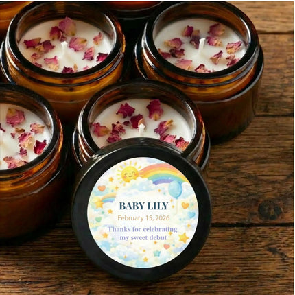 Personalized Baby Shower Candle Favors Set of 10 — Botanical Rose Soy Wax, Boy Girl Neutral & Twin