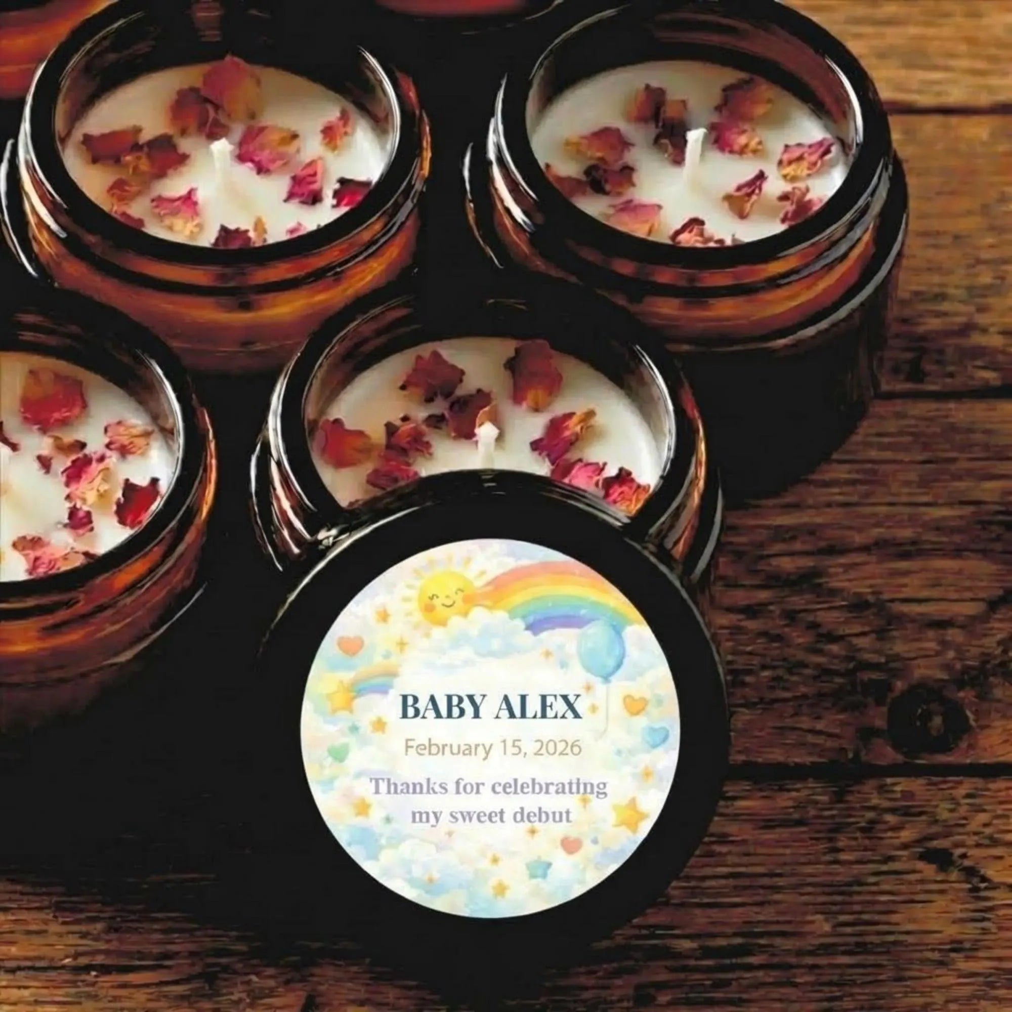 Personalized Baby Shower Candle Favors Set of 10 — Botanical Rose Soy Wax, Boy Girl Neutral & Twin