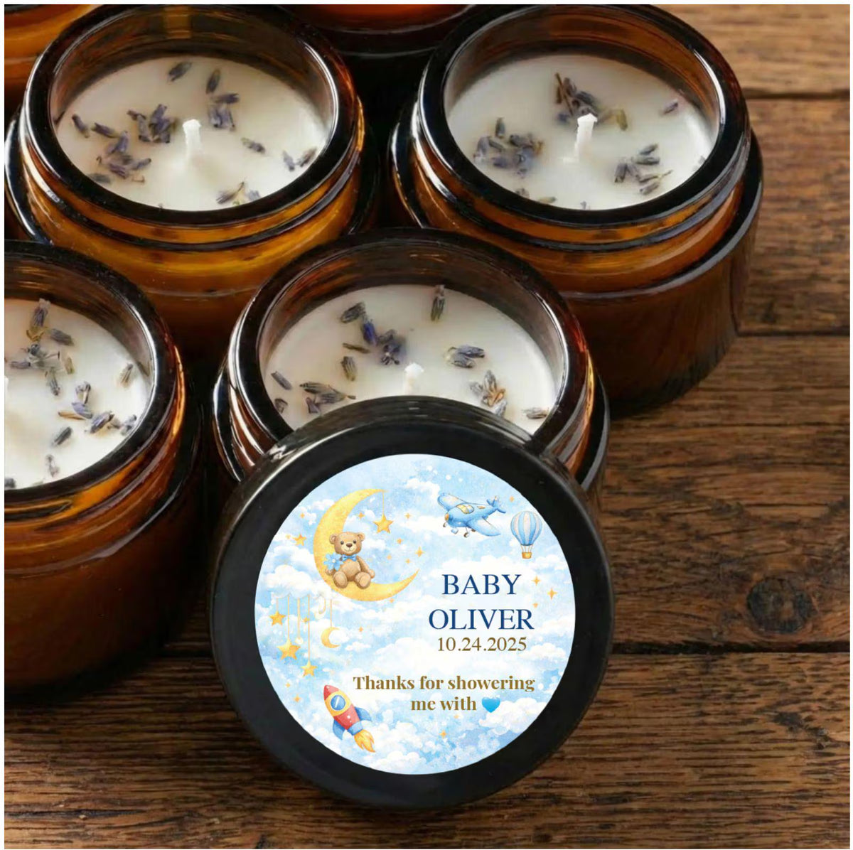 Personalized Baby Shower Candle Favors Set — 1oz Botanical Soy Wax, Any Theme, Gender Neutral