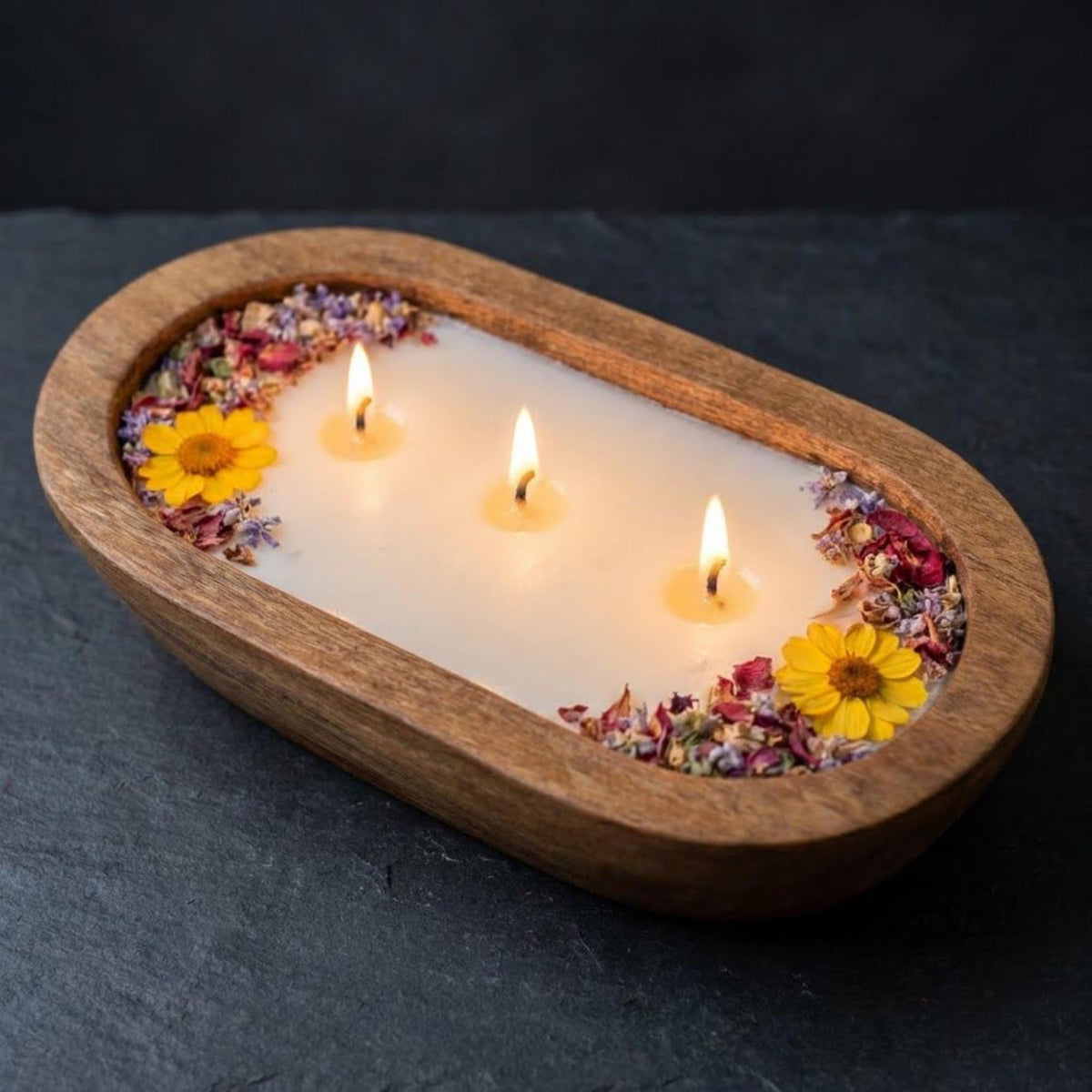 Wooden bowl candle with real dried botanicals – handmade, top view