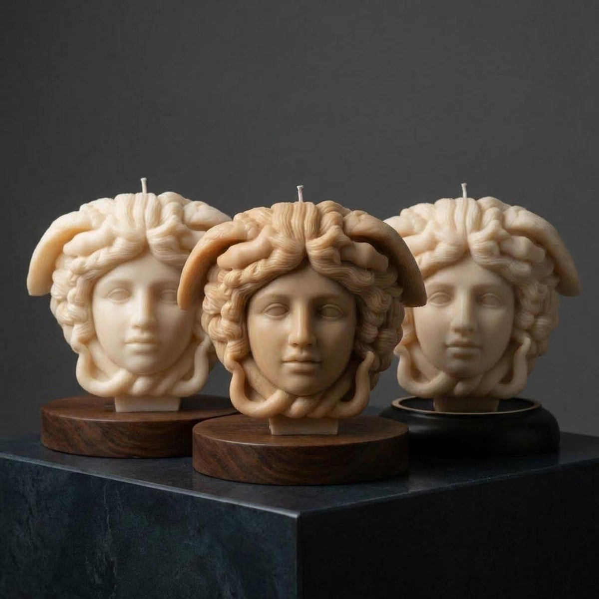 large-luxury-medusa-candle-handmade-soy-wax-sculpture-unique-home-decor-statement-candle-gift-for-art-lovers-and-special-occasions - lit candle