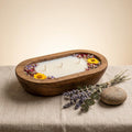 Dough bowl candle close-up – 3 cotton wicks, dried flowers, 8 in bowl