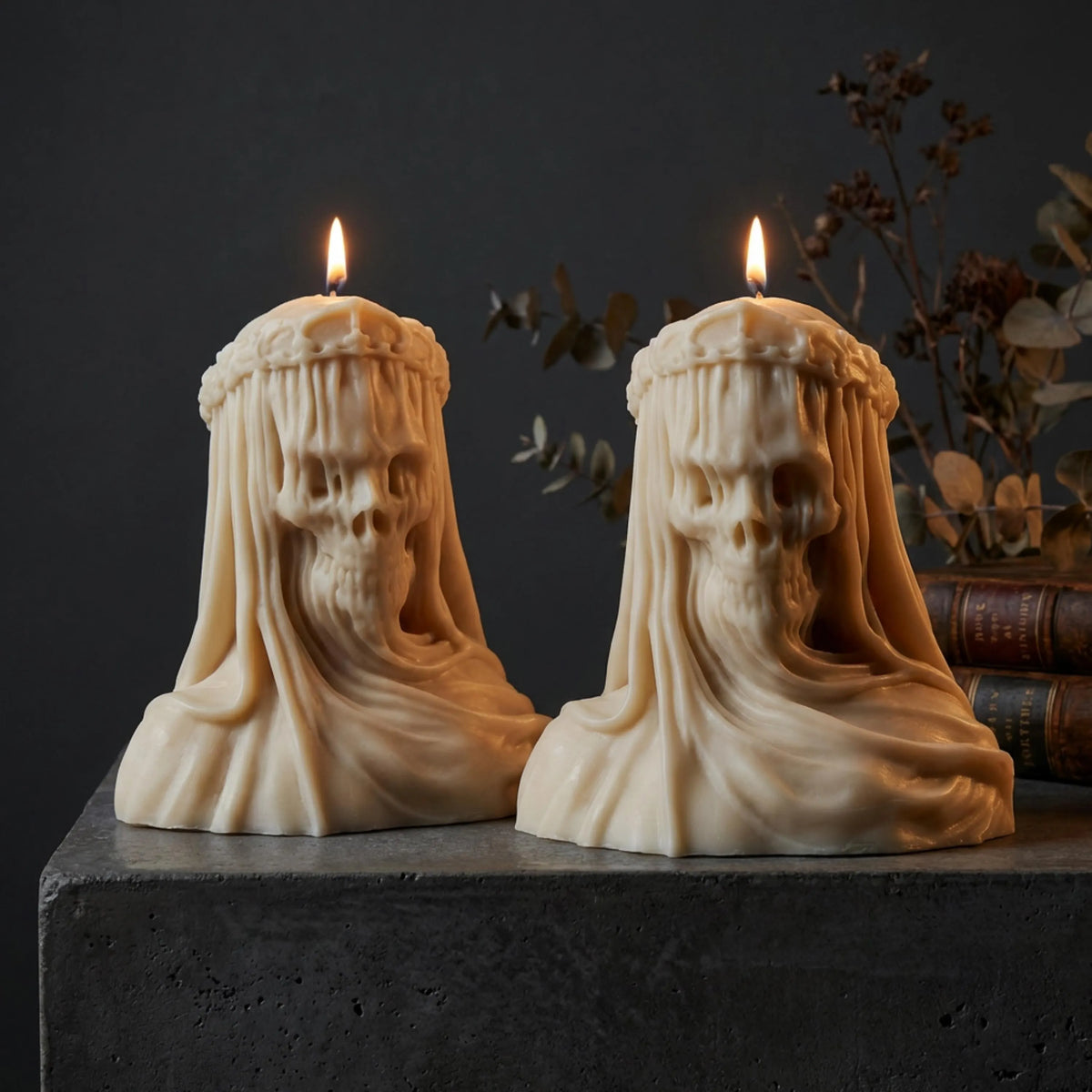 Large Veiled Death Candle soy wax candle — close-up detail