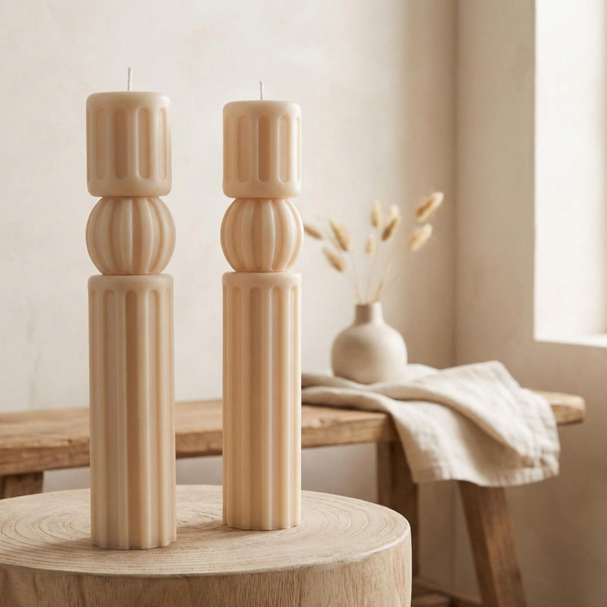 Set of 2 Chic Roman Ribbed Pillar Candle
