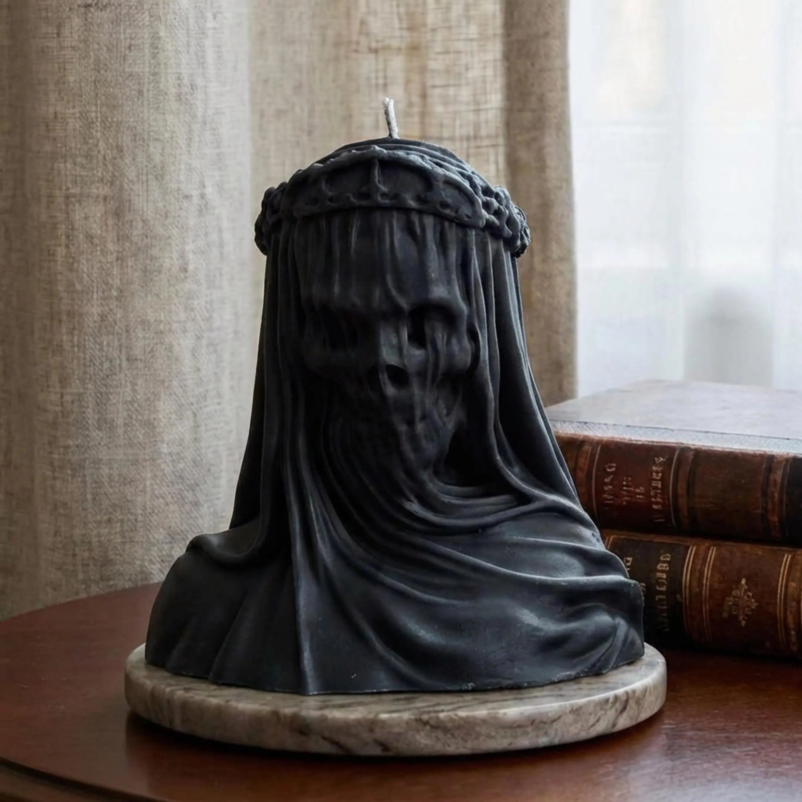 Large Veiled Death Candle soy wax candle — unlit display