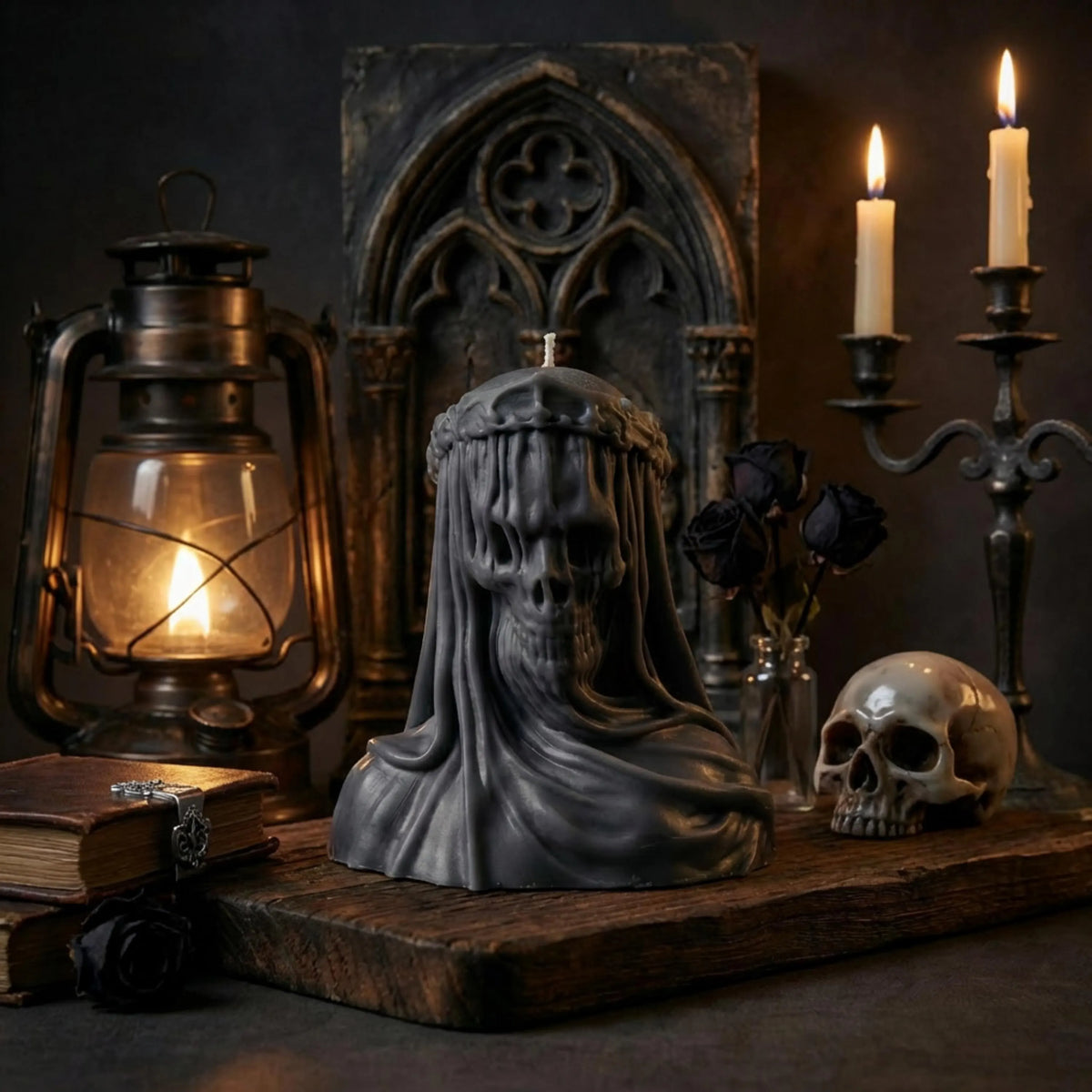 Large Veiled Death Candle soy wax candle — detail view