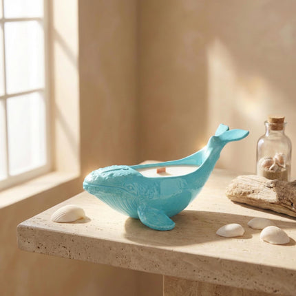 Whale Candle, Ocean Scented Candle, Whale Home Decor, Handmade Soy Candle, Unique Candle Gift, Ocean Vibe, Eco Resin Home Decor, Wooden Wick - lit candle