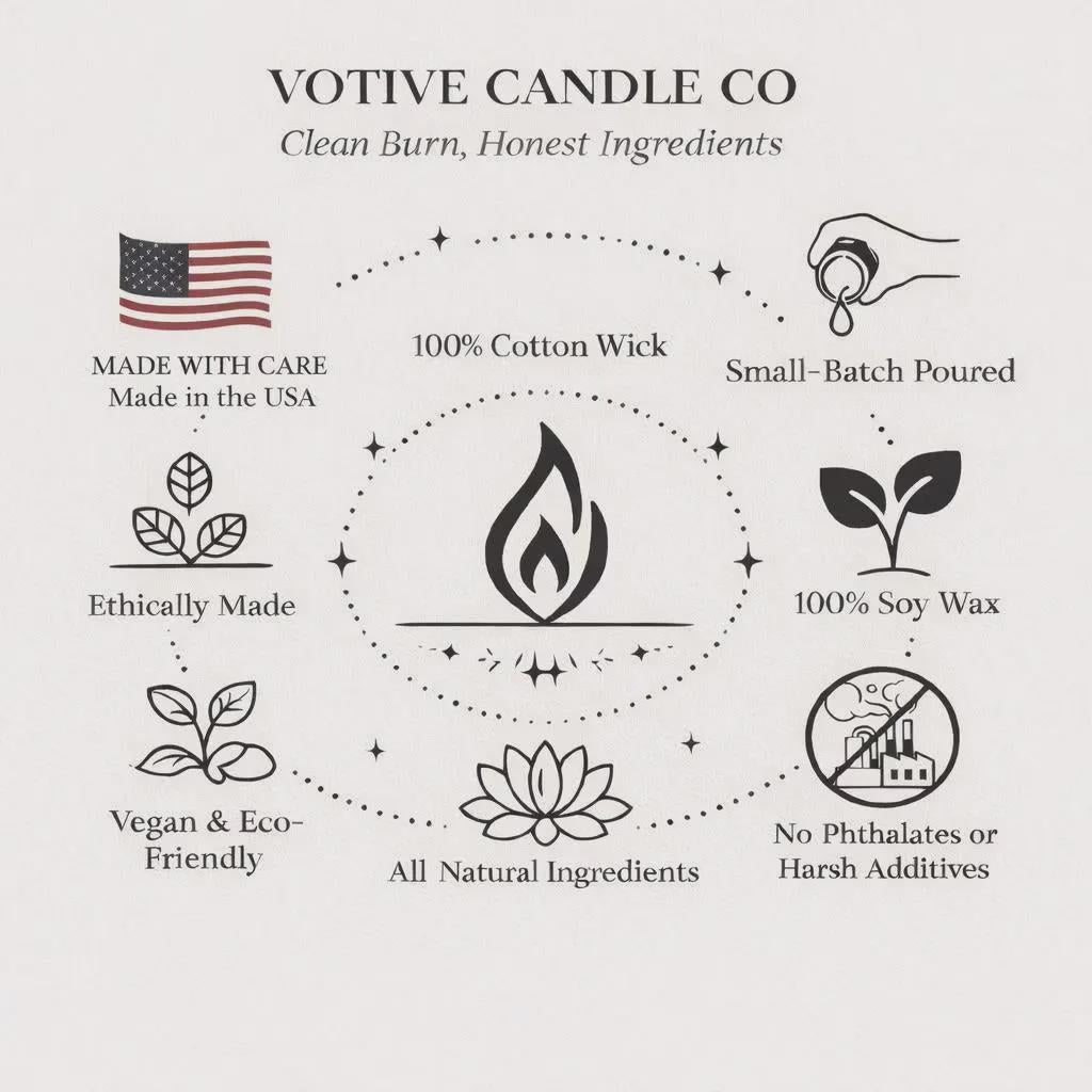 Votive Candle Co branding with product features on a white background