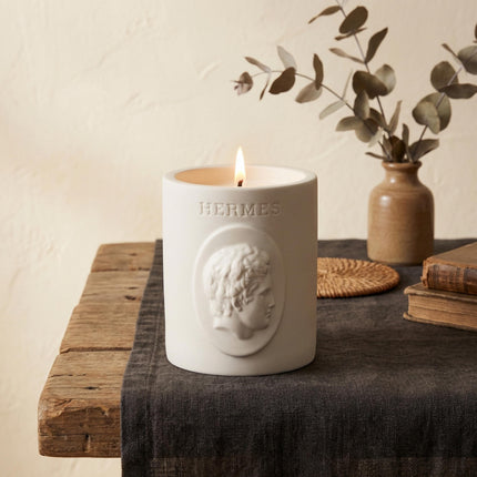 Hermes Greek God Bust Candle – smoky leather and tobacco soy wax, front view