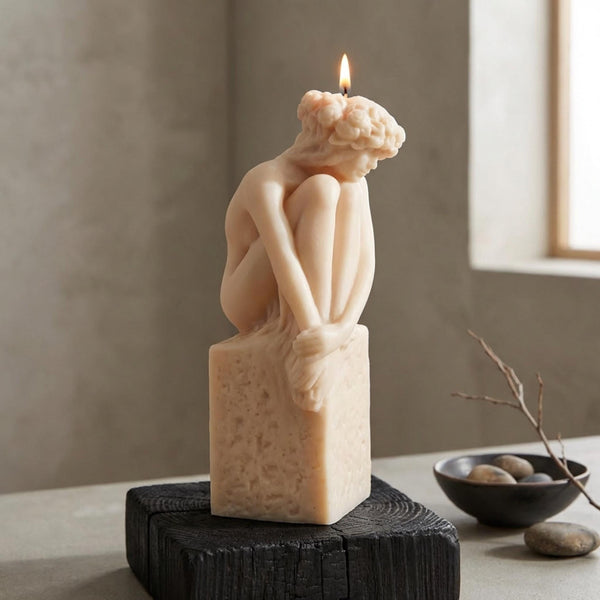 A sculptural candle shaped like a seated nude female figure with a flame at the top, displayed on a dark wooden block in a softly lit interior setting. Goddess Candle by Votive Candle Co