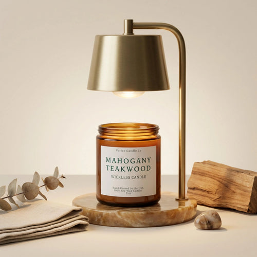 Wickless soy candle in amber glass jar on candle warmer lamp — Votive Candle Co.