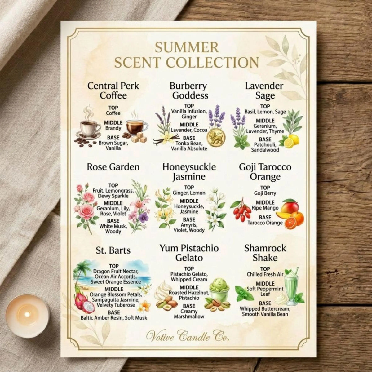 Summer Scent Collection chart by Votive Candle Co. on a wooden surface with candles.