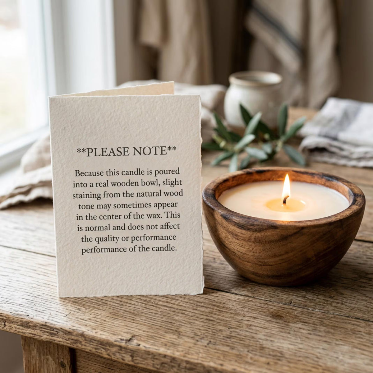 Farmhouse centerpiece candle in wooden dough bowl – cozy home decor