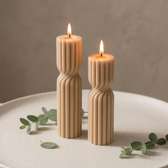 Twisted Soy Wax Pillar Candle – Unscented Handmade Sculptural Ribbed Candle