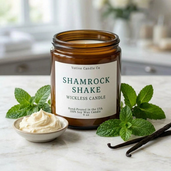 Shamrock Shake wickless candle from Votive Candle Co on a marble surface with mint leaves and vanilla beans.
