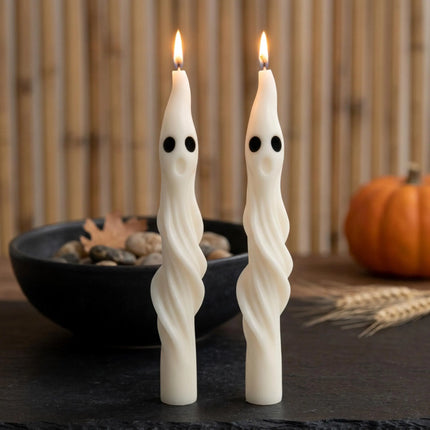 Ghost taper candle – sculptural soy wax Halloween candle, white, front