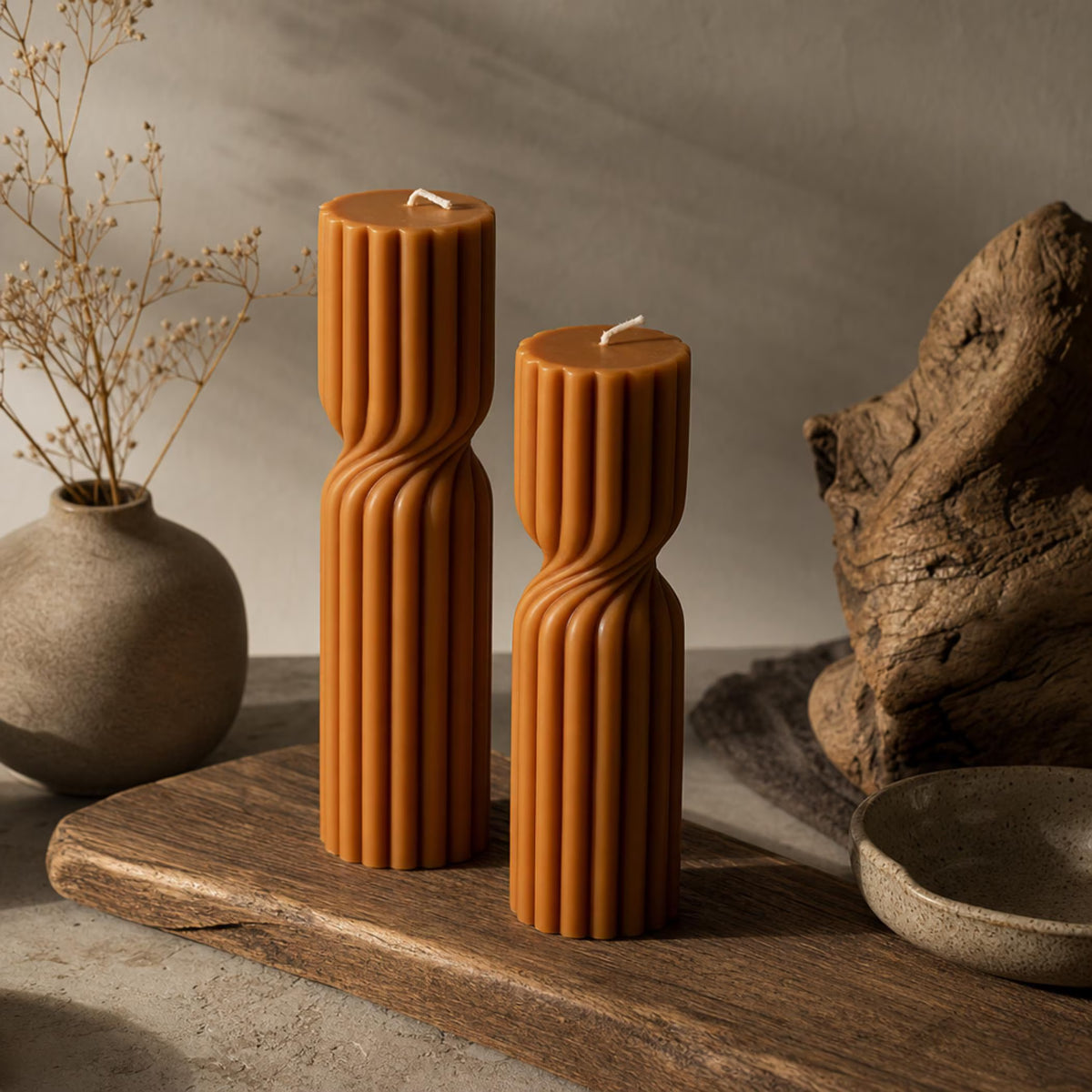 Twisted Soy Wax Pillar Candle – Unscented Handmade Sculptural Ribbed Candle