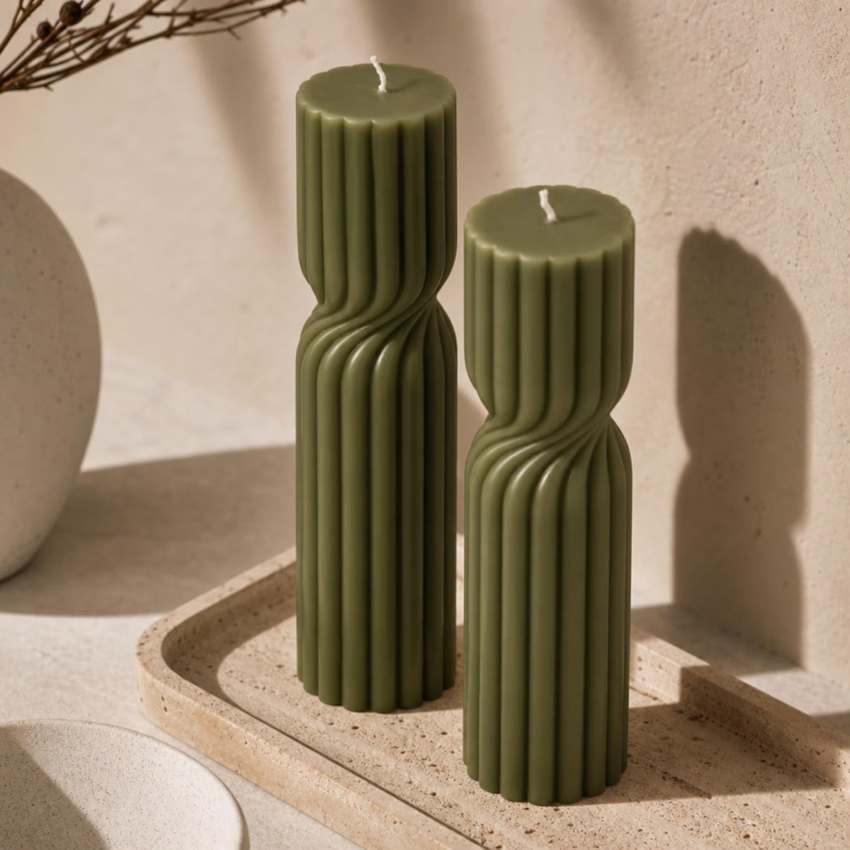 Twisted Soy Wax Pillar Candle – Unscented Handmade Sculptural Ribbed Candle