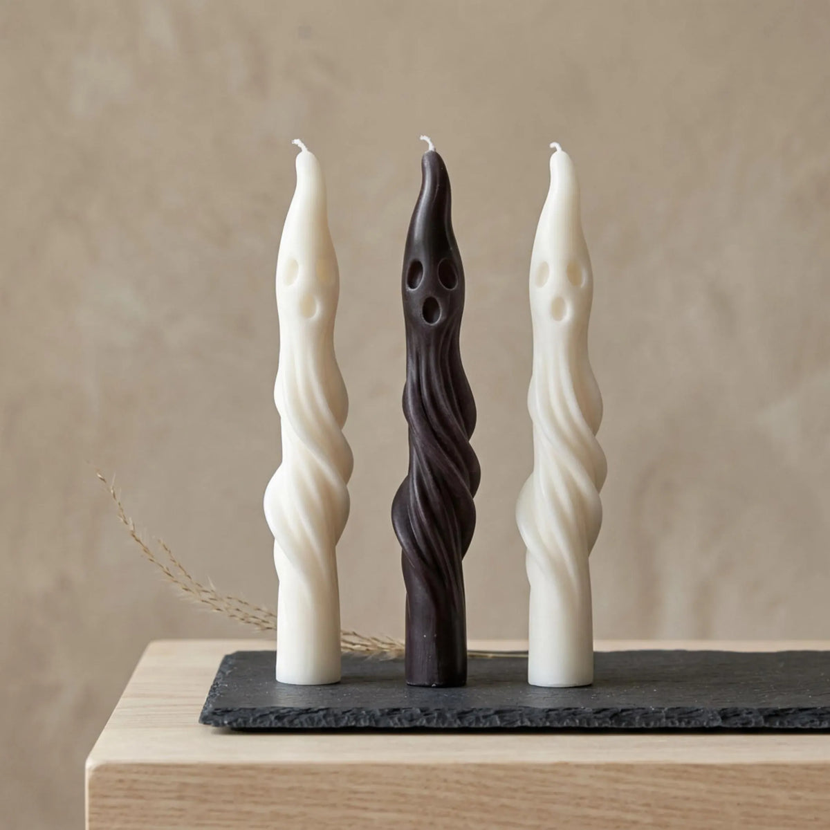 Halloween ghost candle – handmade soy wax taper, ghostly face detail, 20 cm
