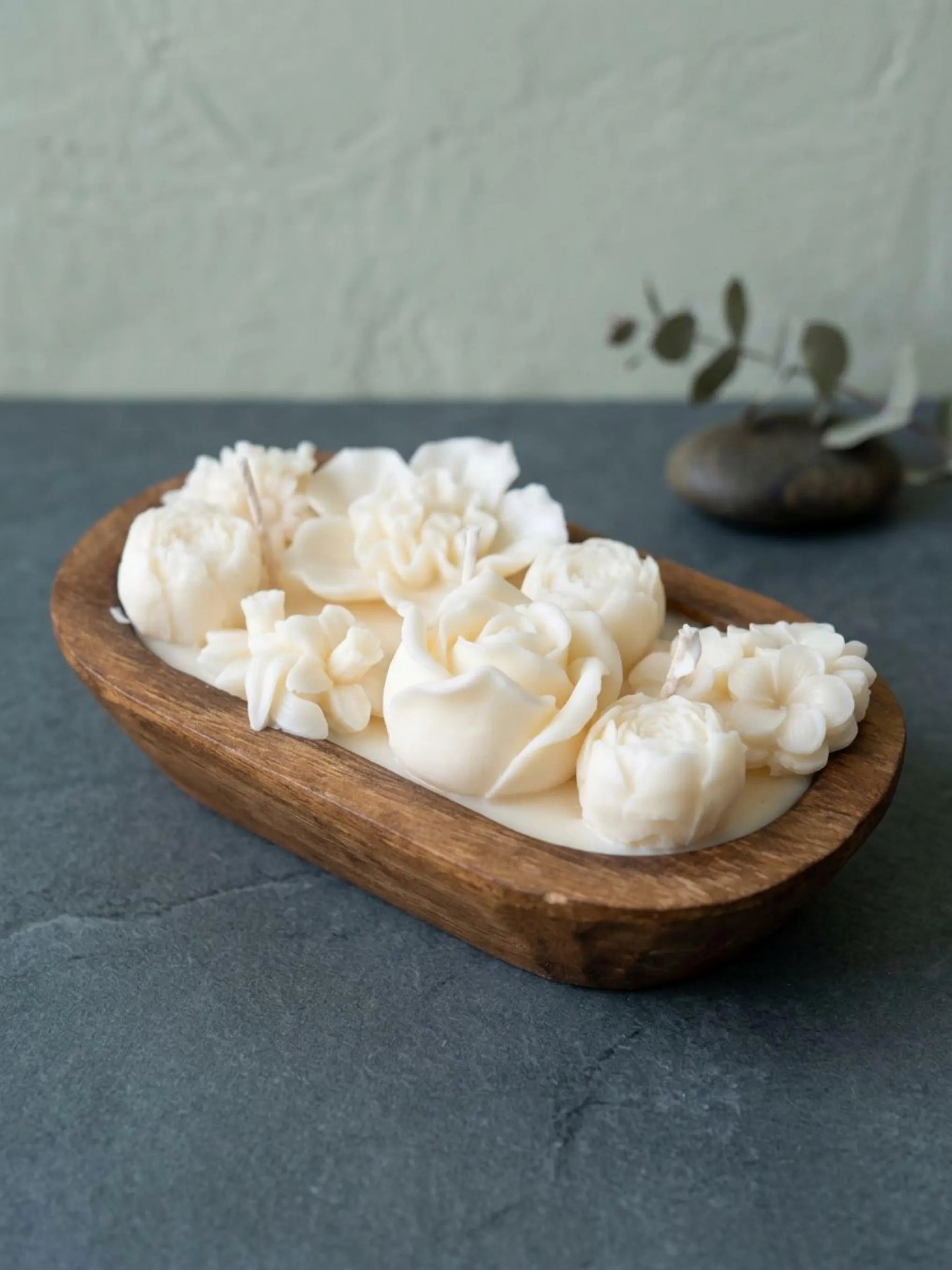 Ivory floral soy wax candle in an 8 inch wooden dough bowl