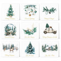 A set of nine Christmas greeting cards arranged in a 3x3 grid on a white background. Each card features a different festive watercolor illustration, including a decorated tree, ornaments, pine branches, a snow globe, candles, a vintage car with a Christmas tree, reindeer, a pine tree, and a cozy cabin. Snowflake Candle Gift Set, Handmade Soy Wax Christmas Candles, Winter Decor