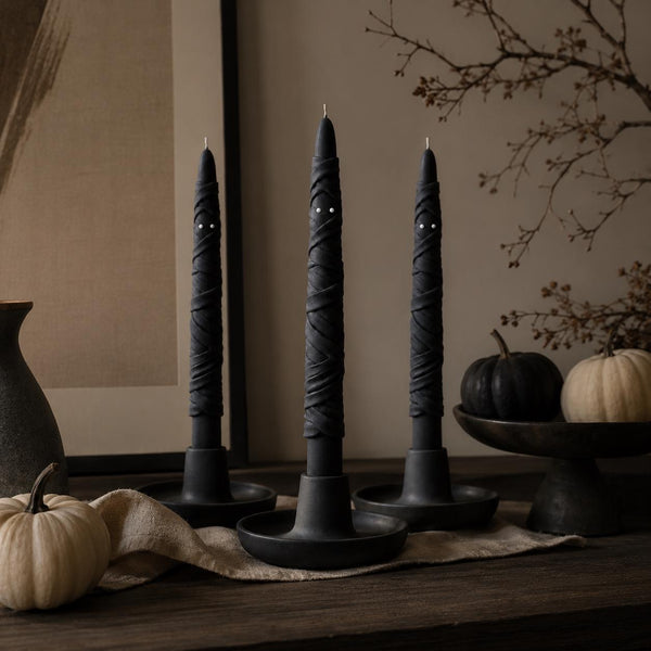 Mummy Taper Candle – wrapped gothic silhouette detail